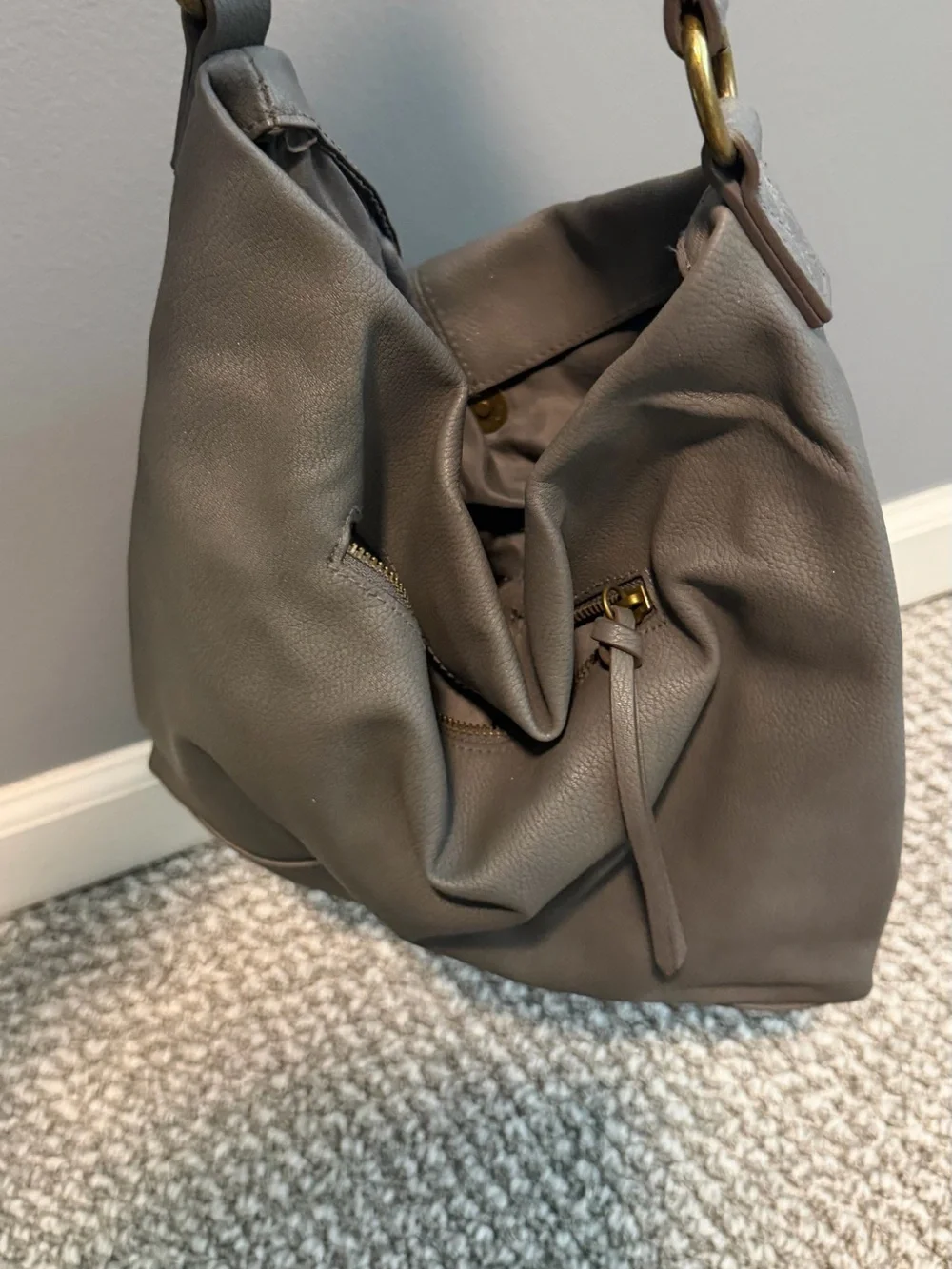 Grey Leather Sonoma Shoulder Bag - Casual Zip Front Hobo purse w/ extra strap